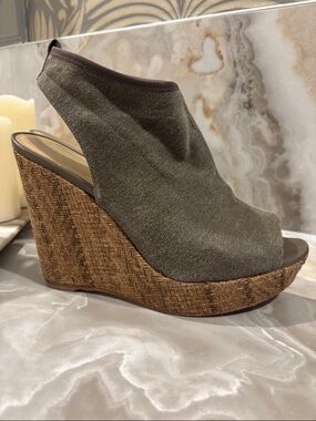 Stuart Weitzman Olive Fabric Peep-Toe Wedge Sandal